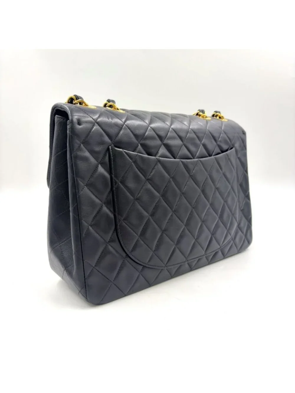 Chanel Maxi Quilted 34 Lambskin Black Chain Shoulder Bag Gold